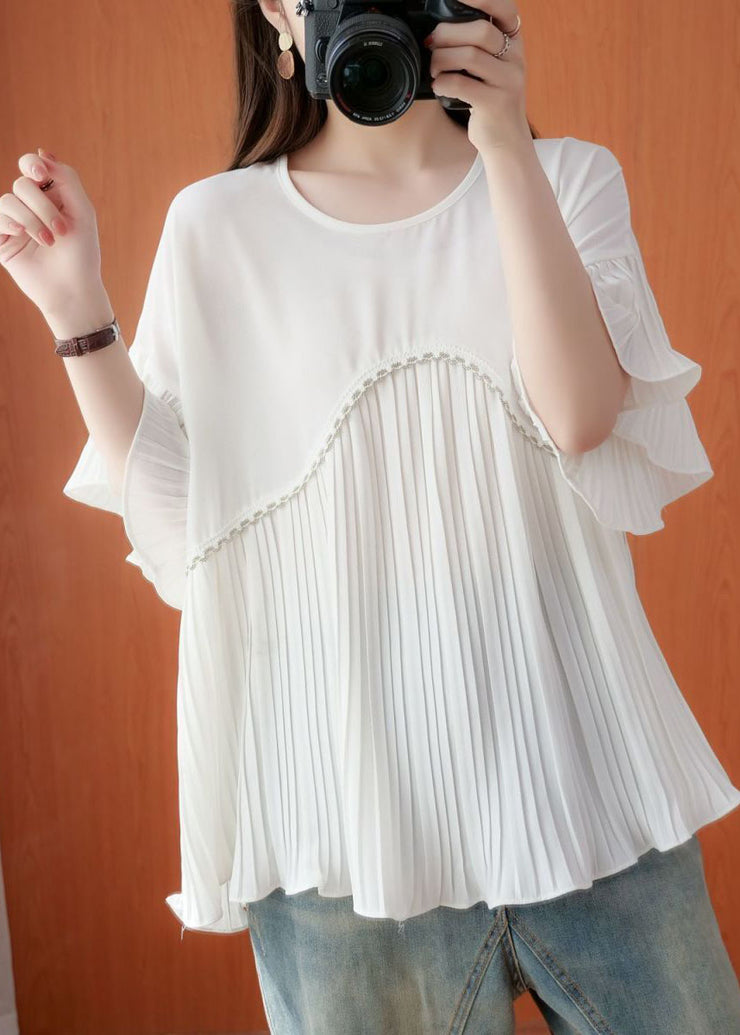 Simple White Oversized Patchwork Pleated Chiffon Top Summer