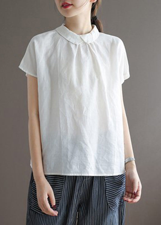 Simple White Peter Pan Collar Button Solid Ramie Top Short Sleeve