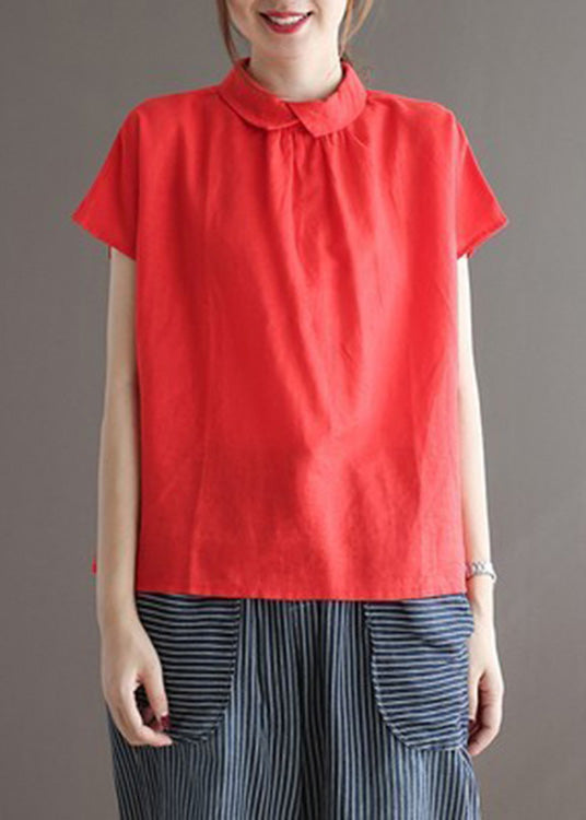Simple White Peter Pan Collar Button Solid Ramie Top Short Sleeve
