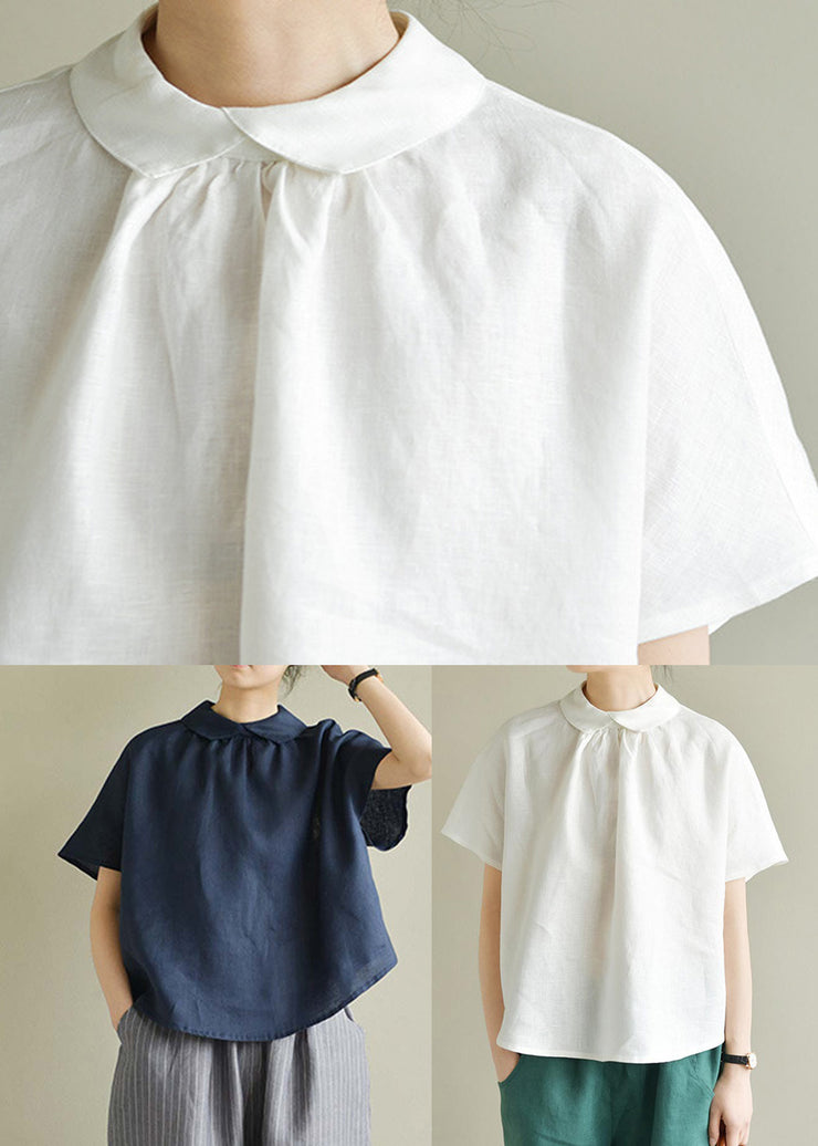 Simple White Peter Pan Collar Solid Linen Shirt Summer