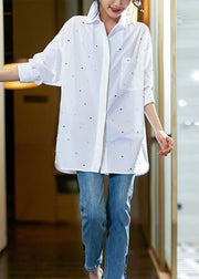 Simple White Peter Pan Collar Zircon Patchwork Cotton Shirts Top Spring
