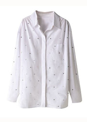 Simple White Peter Pan Collar Zircon Patchwork Cotton Shirts Top Spring