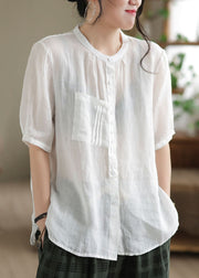Simple White Pockets Button Patchwork Linen Shirt Top Short Sleeve