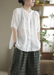 Simple White Pockets Button Patchwork Linen Shirt Top Short Sleeve