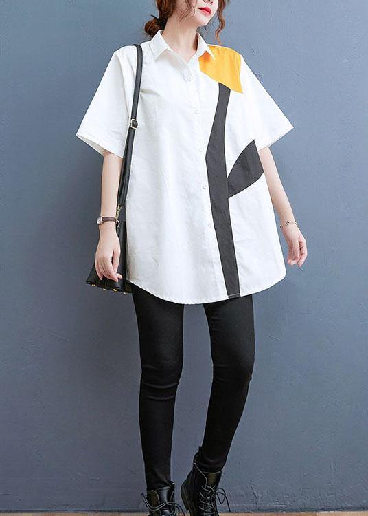 Simple White Print Button Cotton Summer Shirt Tops - SooLinen