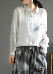 Simple White Print Button Silk Linen Shirt Spring