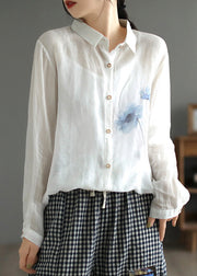 Simple White Print Button Silk Linen Shirt Spring