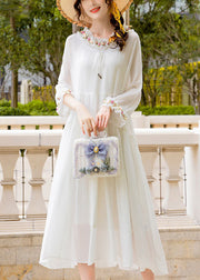 Simple White Ruffled Exra Large Hem Silk Long Dress Spring