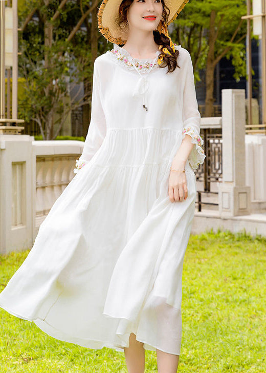 Simple White Ruffled Exra Large Hem Silk Long Dress Spring