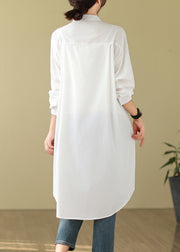 Simple White Stand Collar Button Shirts Dress Long Sleeve