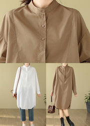 Simple White Stand Collar Button Shirts Dress Long Sleeve