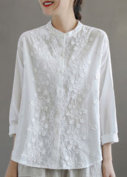 Simple White Stand Collar Embroidered Patchwork Cotton Blouses Long Sleeve