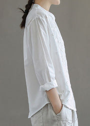Simple White Stand Collar Embroidered Patchwork Cotton Blouses Long Sleeve
