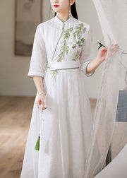 Simple White Stand Collar Embroidered Patchwork Silk Dress Spring