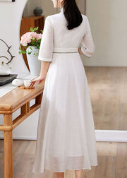 Simple White Stand Collar Embroidered Patchwork Silk Dress Spring