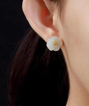 Simple White Sterling Silver Inlaid Jade Floral Stud Earrings