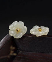 Simple White Sterling Silver Inlaid Jade Floral Stud Earrings