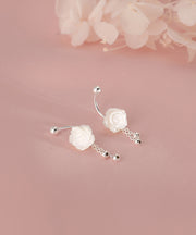 Simple White Sterling Silver Shell Floral Tassel Drop Earrings