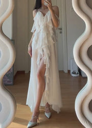 Simple White V Neck Asymmetrical Lace Holiday Long Slip Dress Sleeveless
