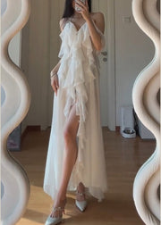 Simple White V Neck Asymmetrical Lace Holiday Long Slip Dress Sleeveless