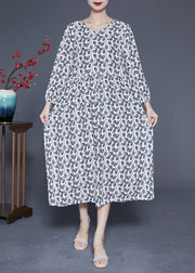 Simple White V Neck Oversized Print Chiffon Long Dresses Spring