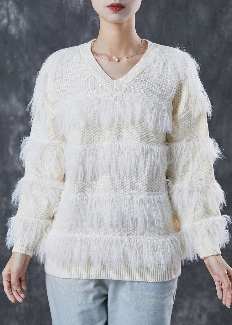 Simple White V Neck Patchwork Knit Sweater Tops Winter