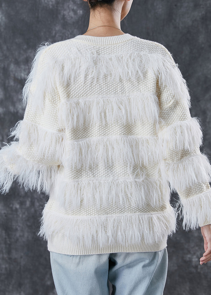 Simple White V Neck Patchwork Knit Sweater Tops Winter
