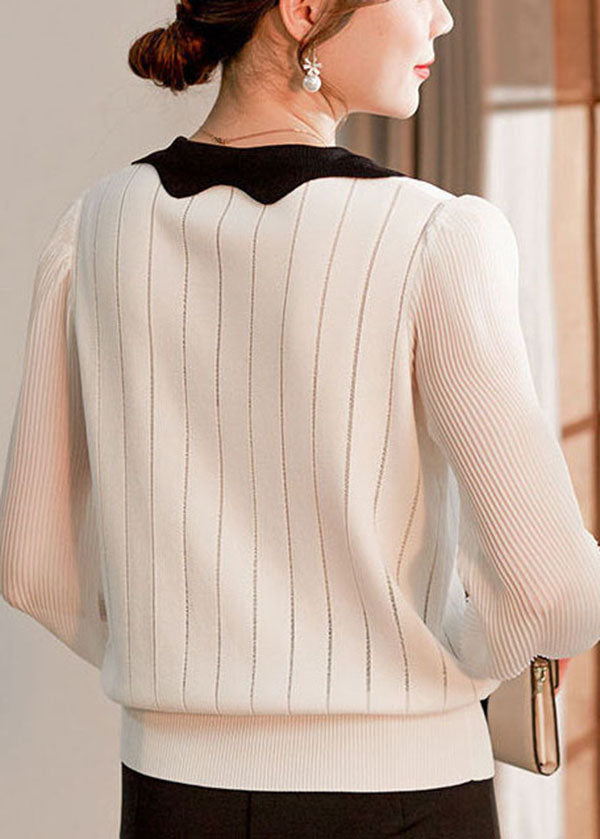Simple White V Neck Striped Knit Shirt Tops Long Sleeve