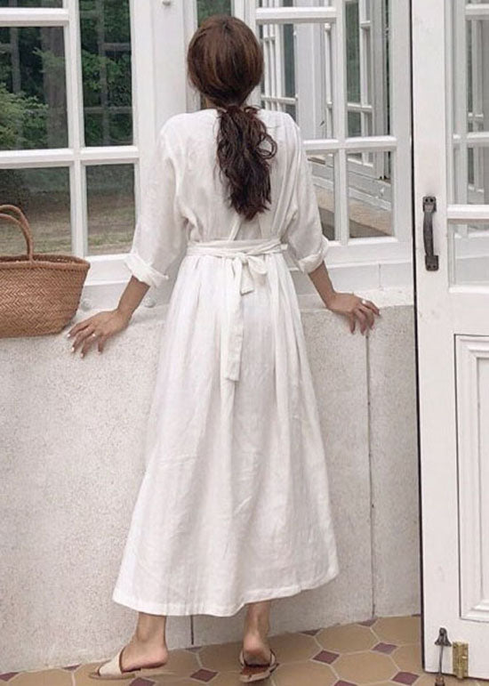 Simple White V Neck Tie Waist Patchwork Cotton Dress Spring
