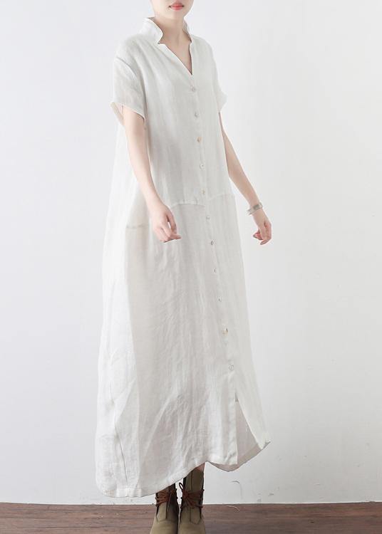 Simple White V Neck Vacation Dress Summer Linen Dress - SooLinen