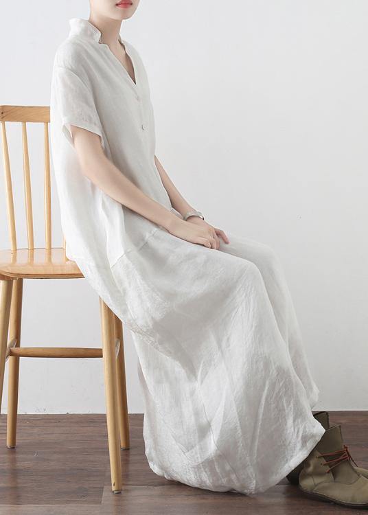 Simple White V Neck Vacation Dress Summer Linen Dress - SooLinen