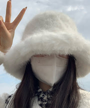 Simple White Warm Fleece Thick Solid Bucket Hat