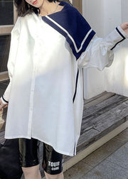Simple White button side open Sailor Collar Asymmetrical Shirt Spring