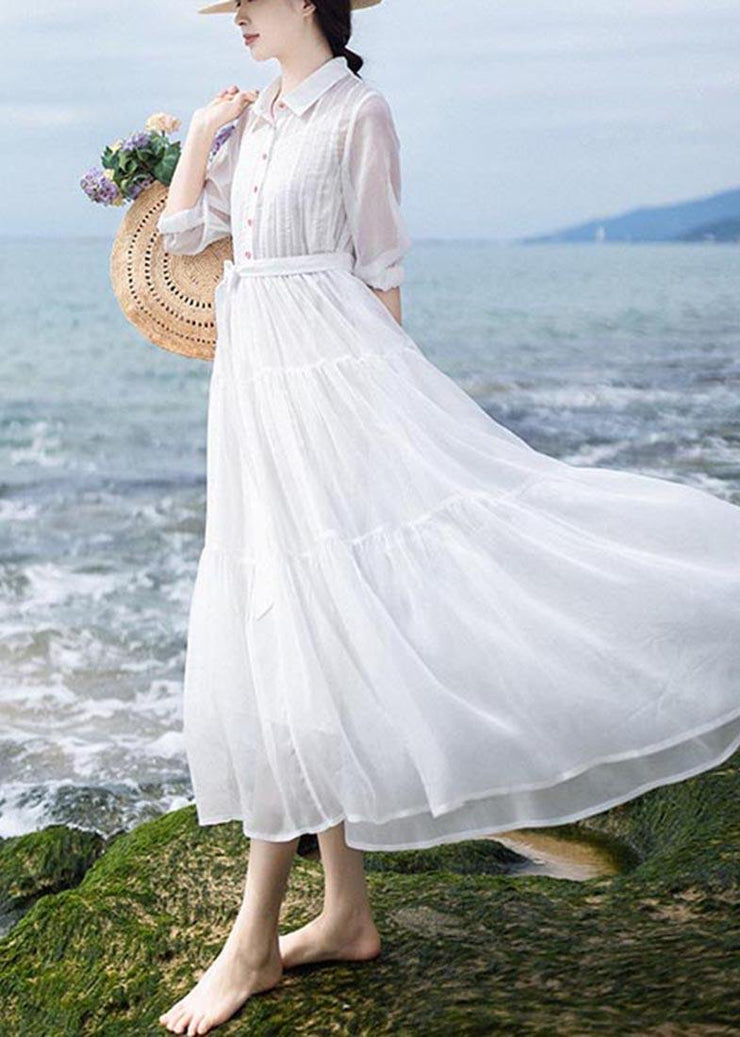 Simple White tie waist Long sleeve Party Summer Chiffon Dress - SooLinen