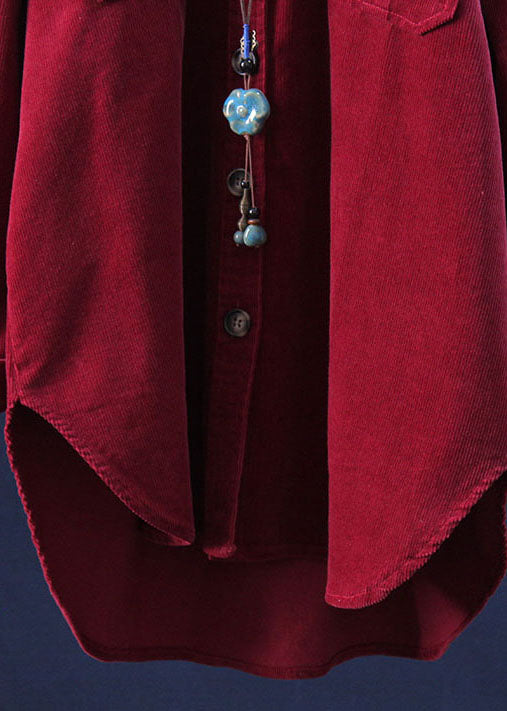 Simple Wine Red Peter Pan Collar Patchwork Corduroy Shirt Fall
