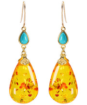 Simple Yellow 14K Gold Water Drop Amber Beeswax Drop Earrings