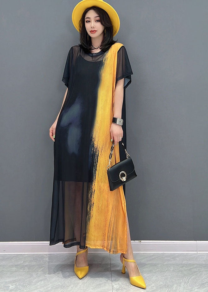Simple Yellow Black O-Neck Side Open Hollow Out Tulle Dress Long Smock Short Sleeve