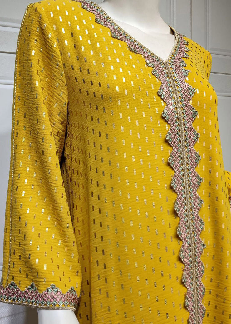 Simple Yellow Dot Lace Patchwork Silk Dress Long Sleeve