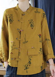 Simple Yellow Embroidered Linen Shirt Long Sleeve