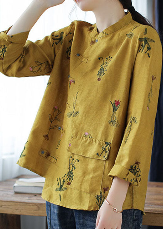 Simple Yellow Embroidered Linen Shirt Long Sleeve