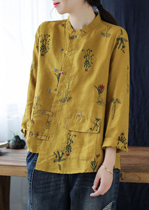Einfaches gelbes besticktes Leinenhemd mit langen Ärmeln
