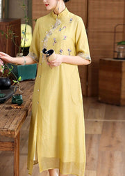 Simple Yellow Embroidered Patchwork Button Silk Dress Summer
