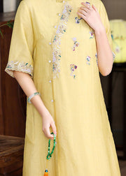 Simple Yellow Embroidered Patchwork Button Silk Dress Summer