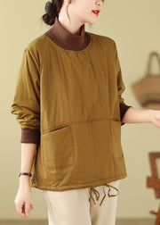 Simple Yellow Hign Neck Pockets Patchwork Fine Cotton Filled Top Winter
