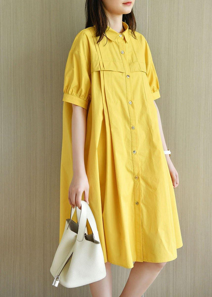 Simple Yellow Loose PeterPan Collar Button Summer Cotton Dresses - SooLinen