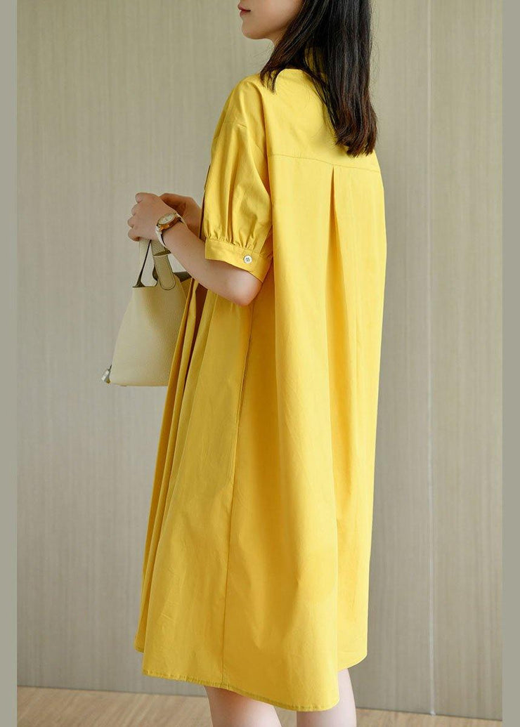 Simple Yellow Loose PeterPan Collar Button Summer Cotton Dresses - SooLinen