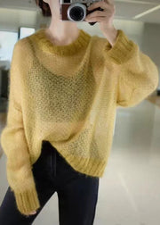 Simple Yellow O Neck Hollow Out Thin Cashmere Knit Top Fall
