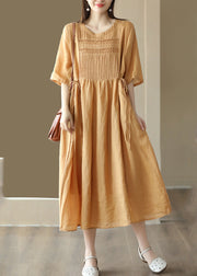 Simple Yellow O-Neck Patchwork Linen Long Dresses Summer