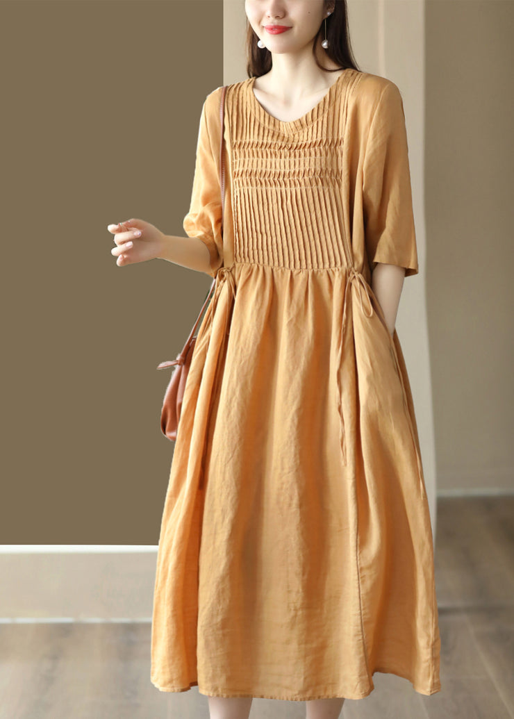 Simple Yellow O-Neck Patchwork Linen Long Dresses Summer