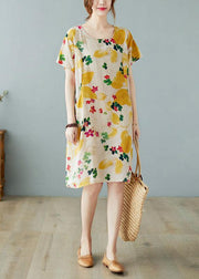 Simple Yellow O Neck Print Dress Cotton Linen Summer - SooLinen